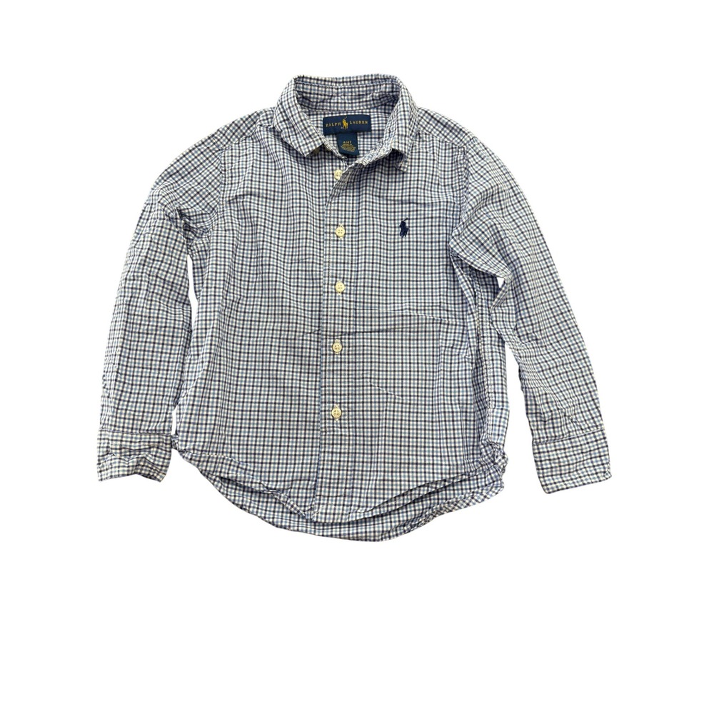 Ralph Lauren Boys Blue White Gingham Check Long Sleeve Button Down Shirt 4 4T